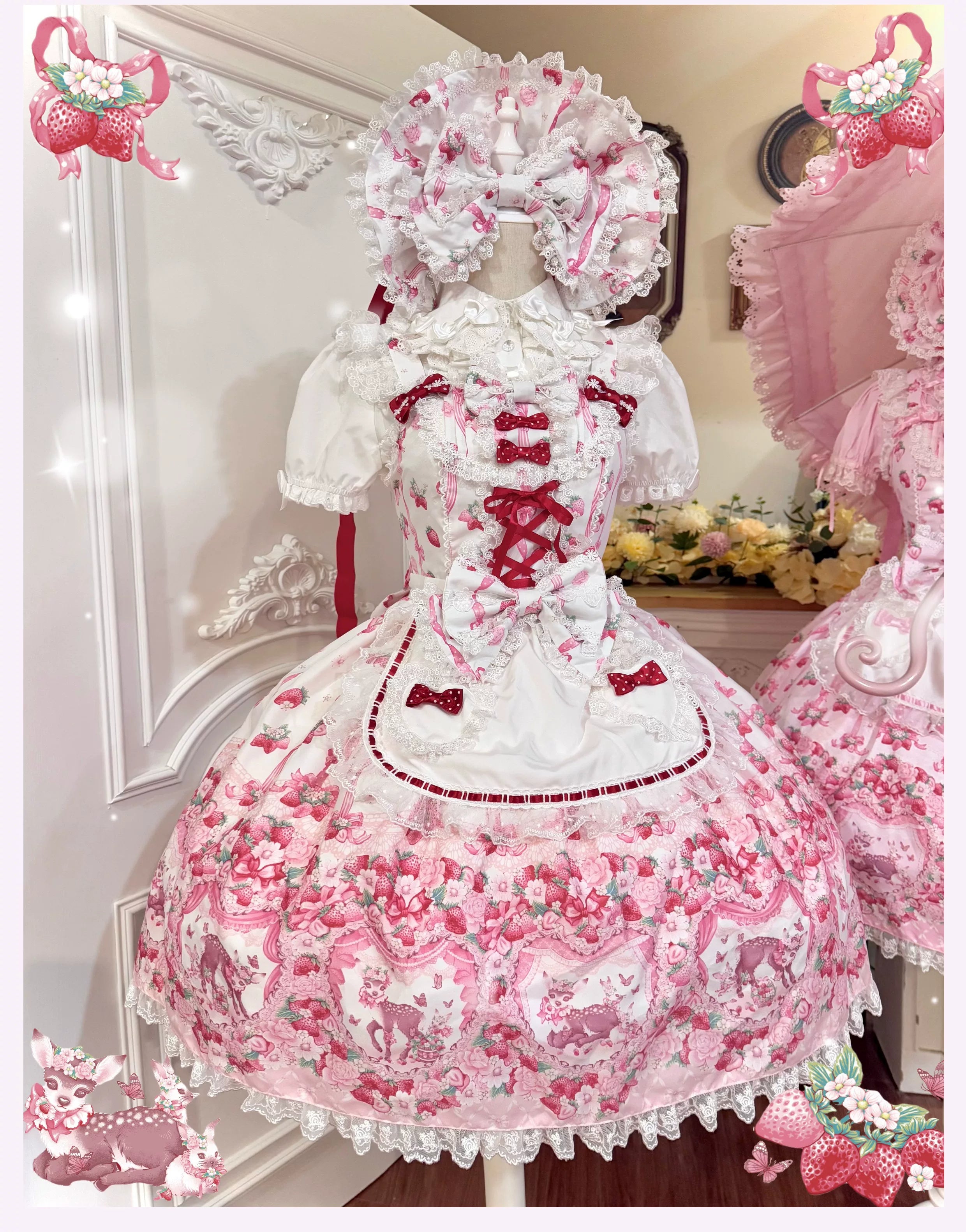 Deer Strawberry Garden - Old School Lolita Deer & Strawberry Printed JSK Dress 45681:860575