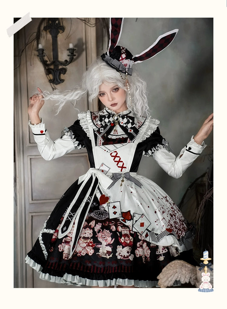 YingLuoFu - Alice - Kawaii Lolita OP Dress, Rabbit & Playing Card Motifs