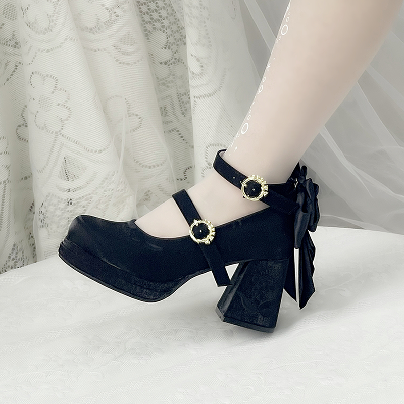 Dreamland - Dreamlike Lily of the Valley - Classic Lolita Platform Shoes with Back Large Bow Black 34