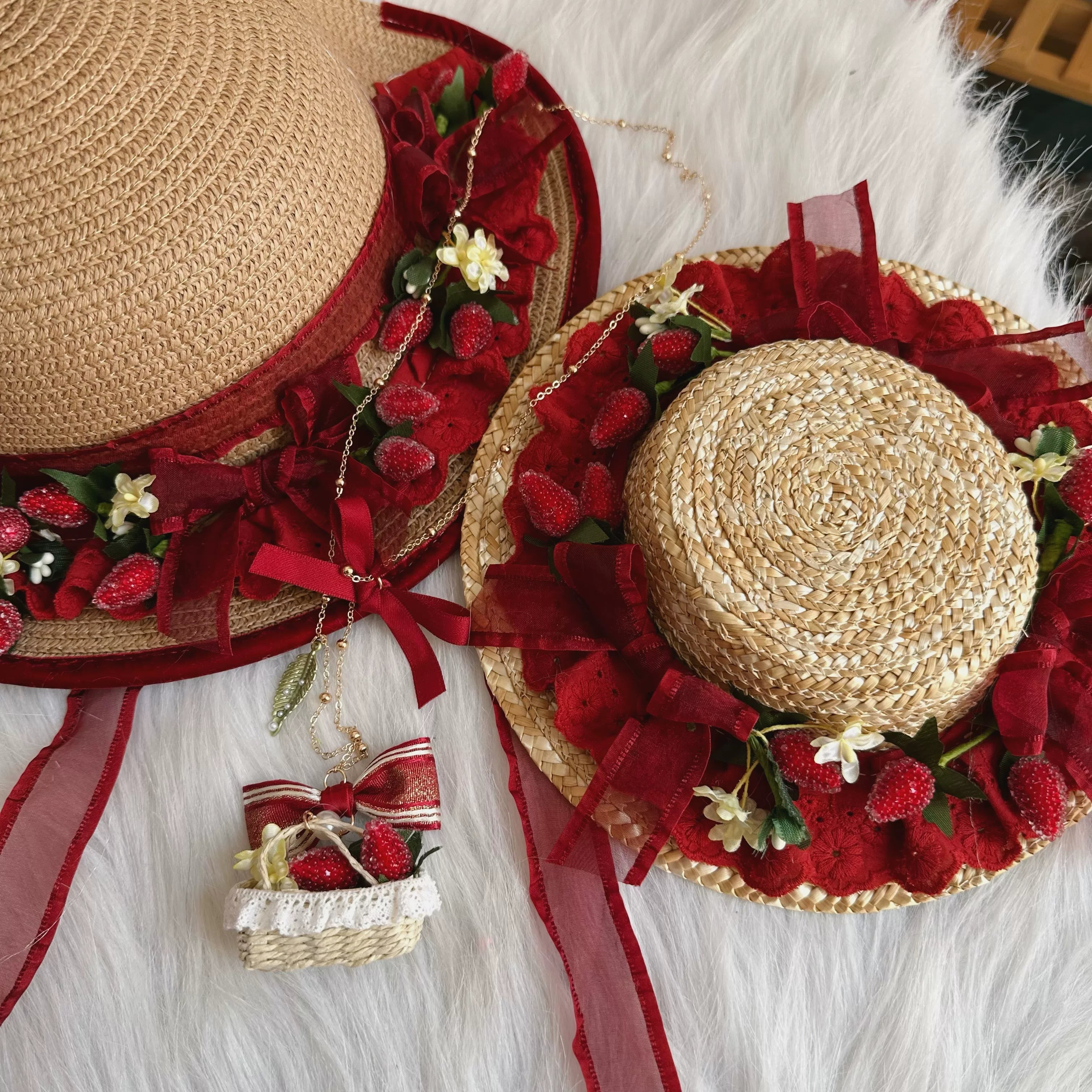 Red Sweet Lolita Headdress, Bows and Strawberry Pendants