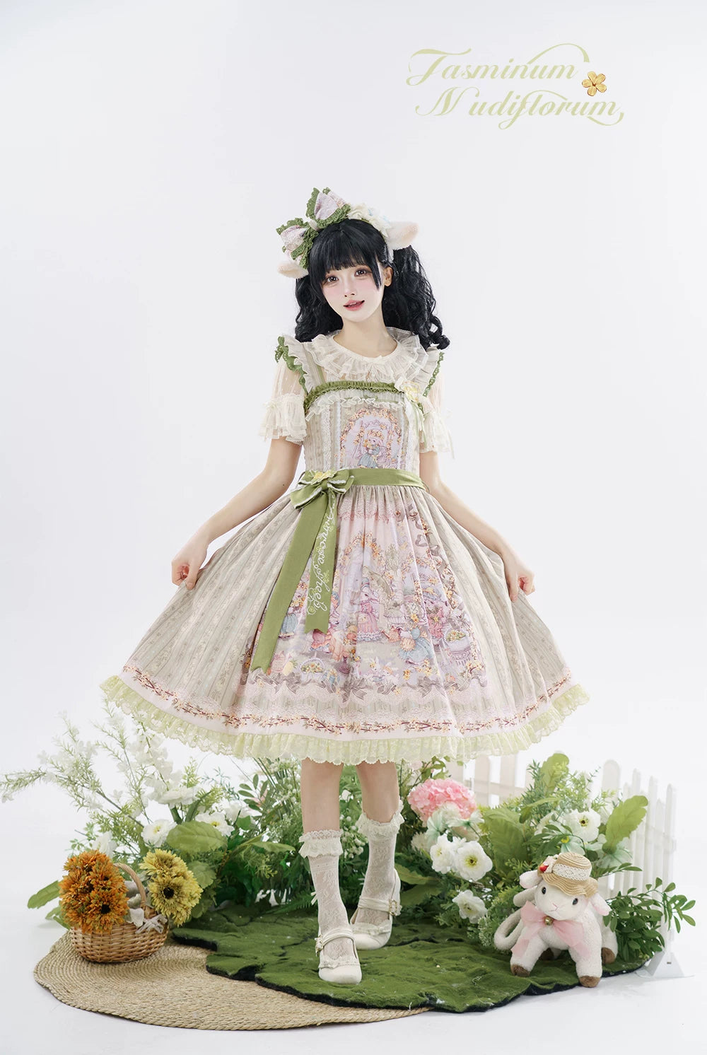 Greets Spring Lamb - Classic Lolita JSK Dress, Winter Jasmine & Lamb Print