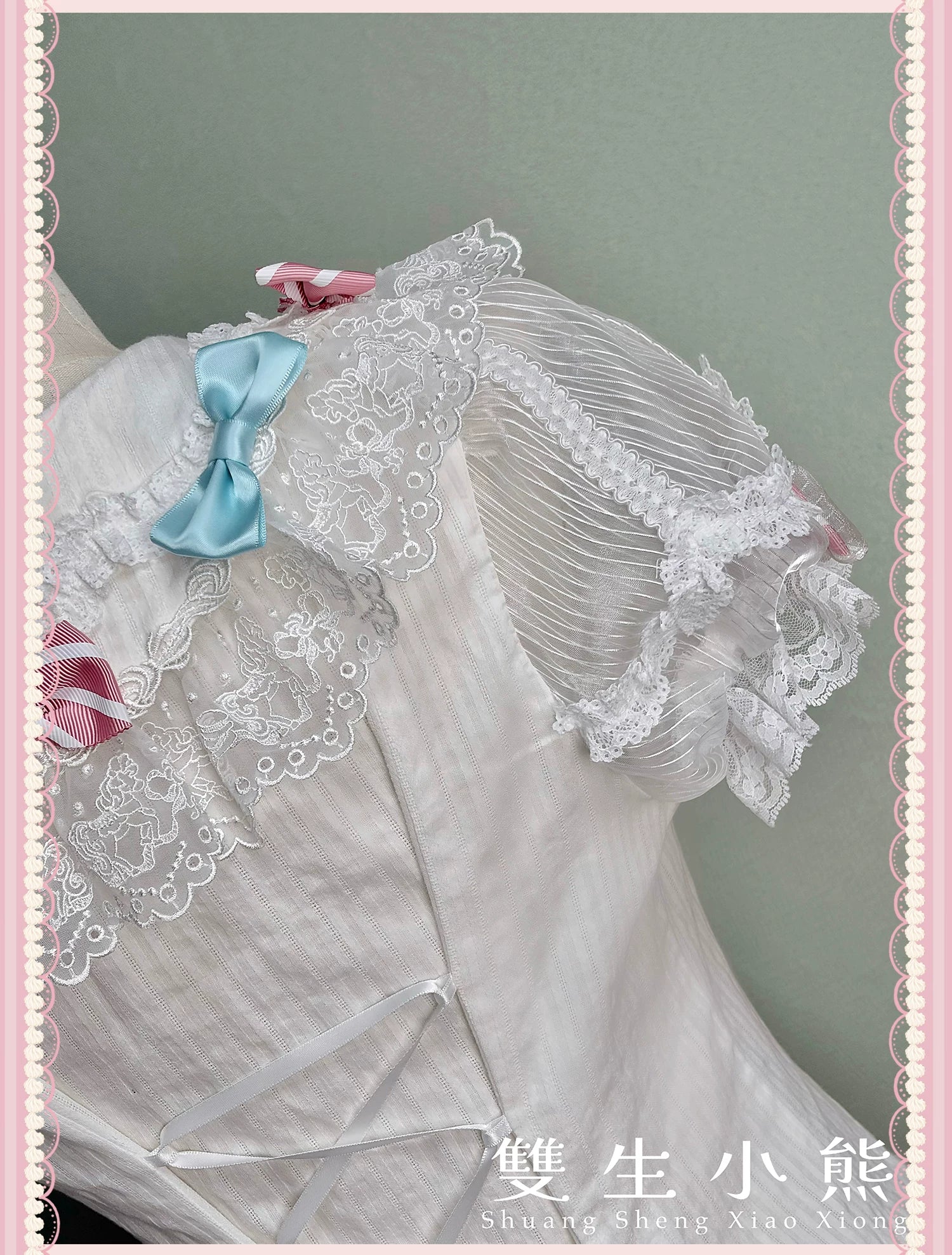 Macaron - Sweet Lolita Short Sleeve Shirt, Lace & Bow Details