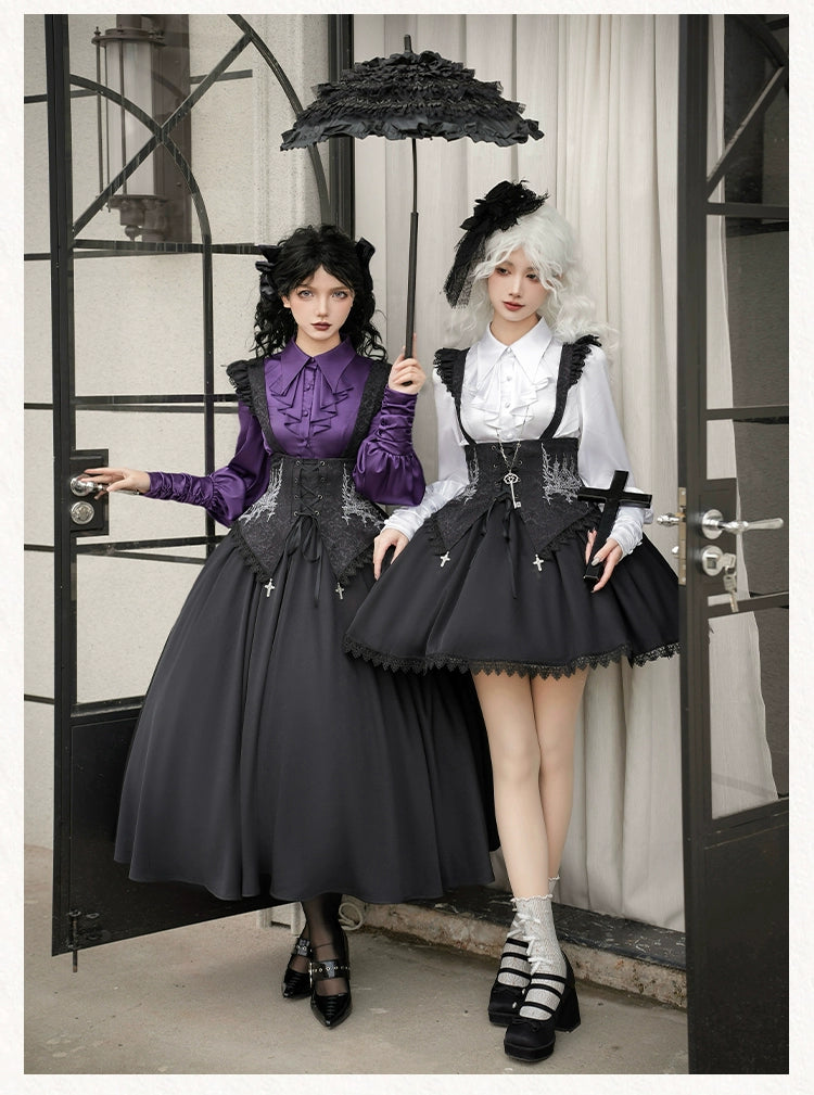 With PUJI~Thorn Night~Gothic Lolita Satin Shirt Solid Color Fake Two-Piece Blouse