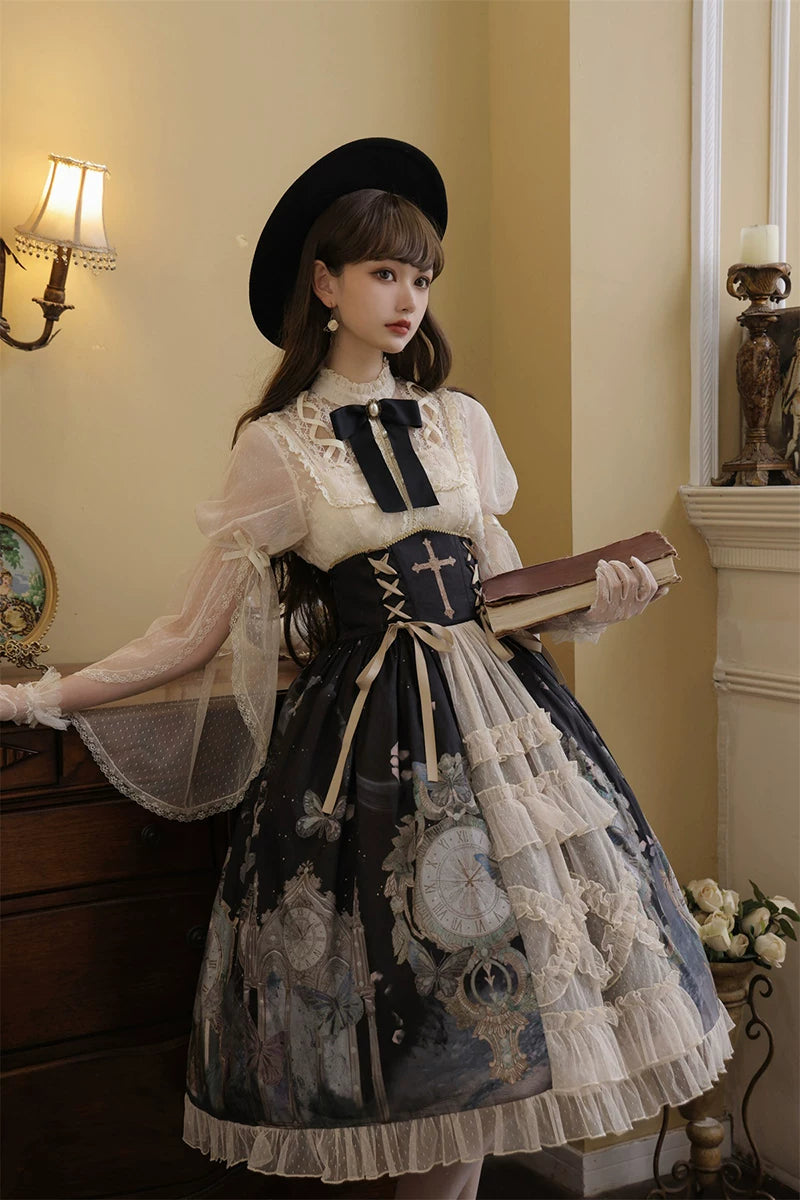Clock Butterfly - Gothic Lolita Printed Blouse and Corset Skirt Set
