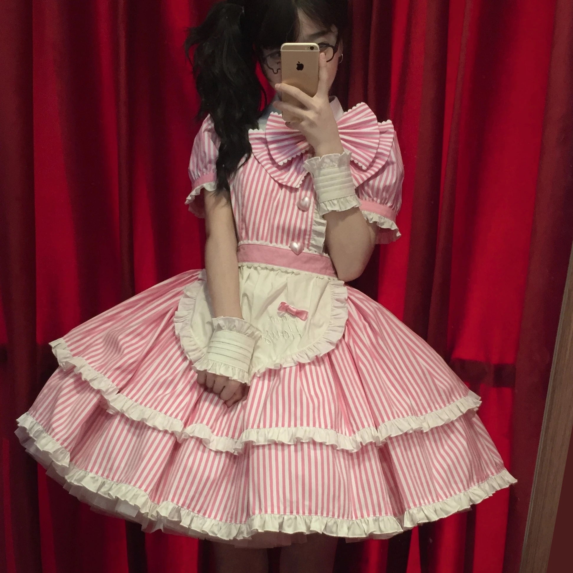 Ever-charming Miss Stripes - Striped Old School Lolita OP Dress, Detachable Apron (L M S XL) 44920:827572