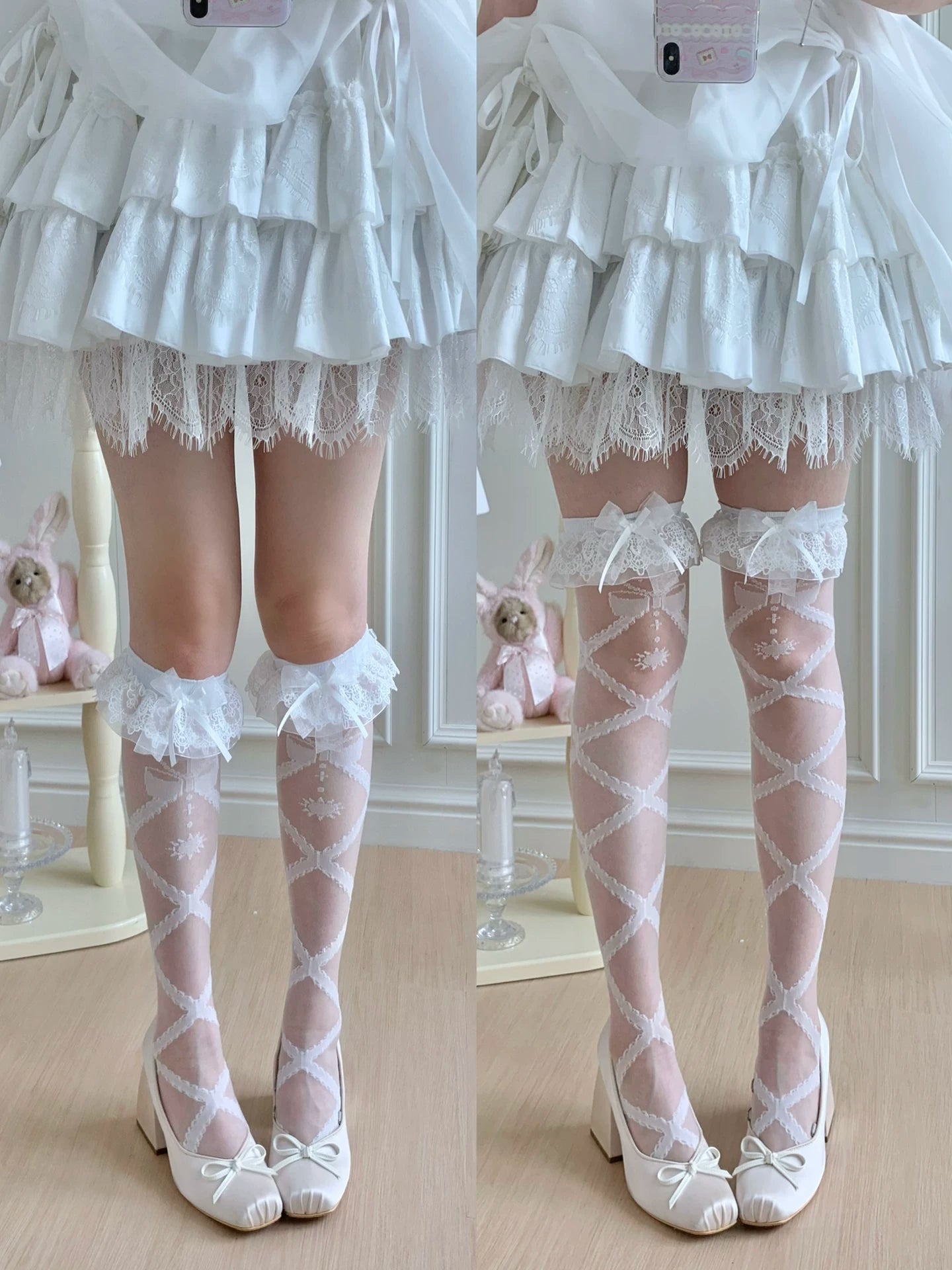 Lolita Cross Printed Socks with Layered Lace Trim Cuff 45516:852697