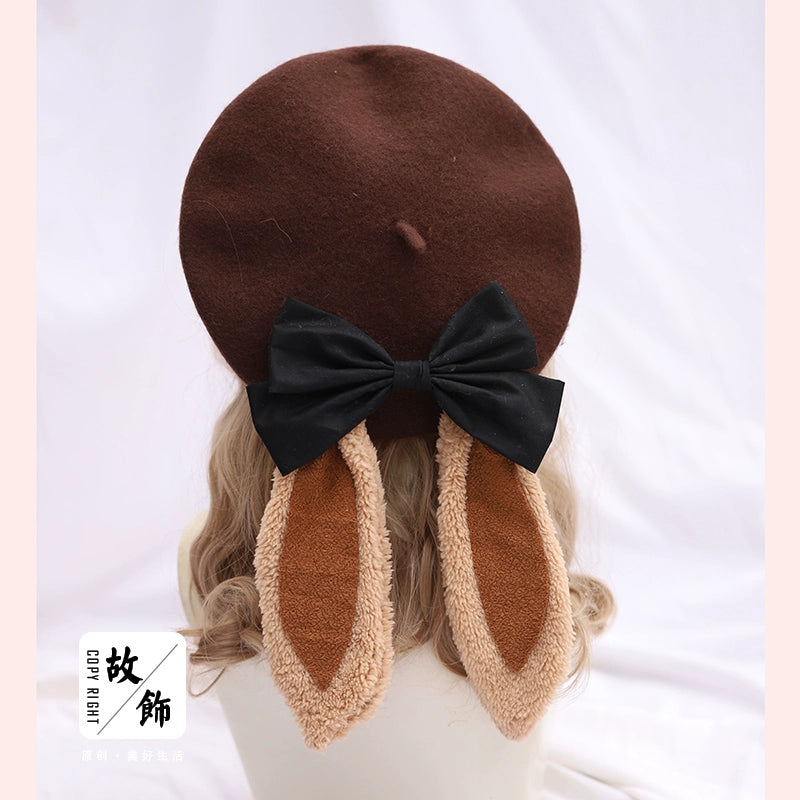 The Accessories' Story - Kawaii Lolita Beret, Detachable Bunny Ears & Bow (M / Coffee) 44235:800158