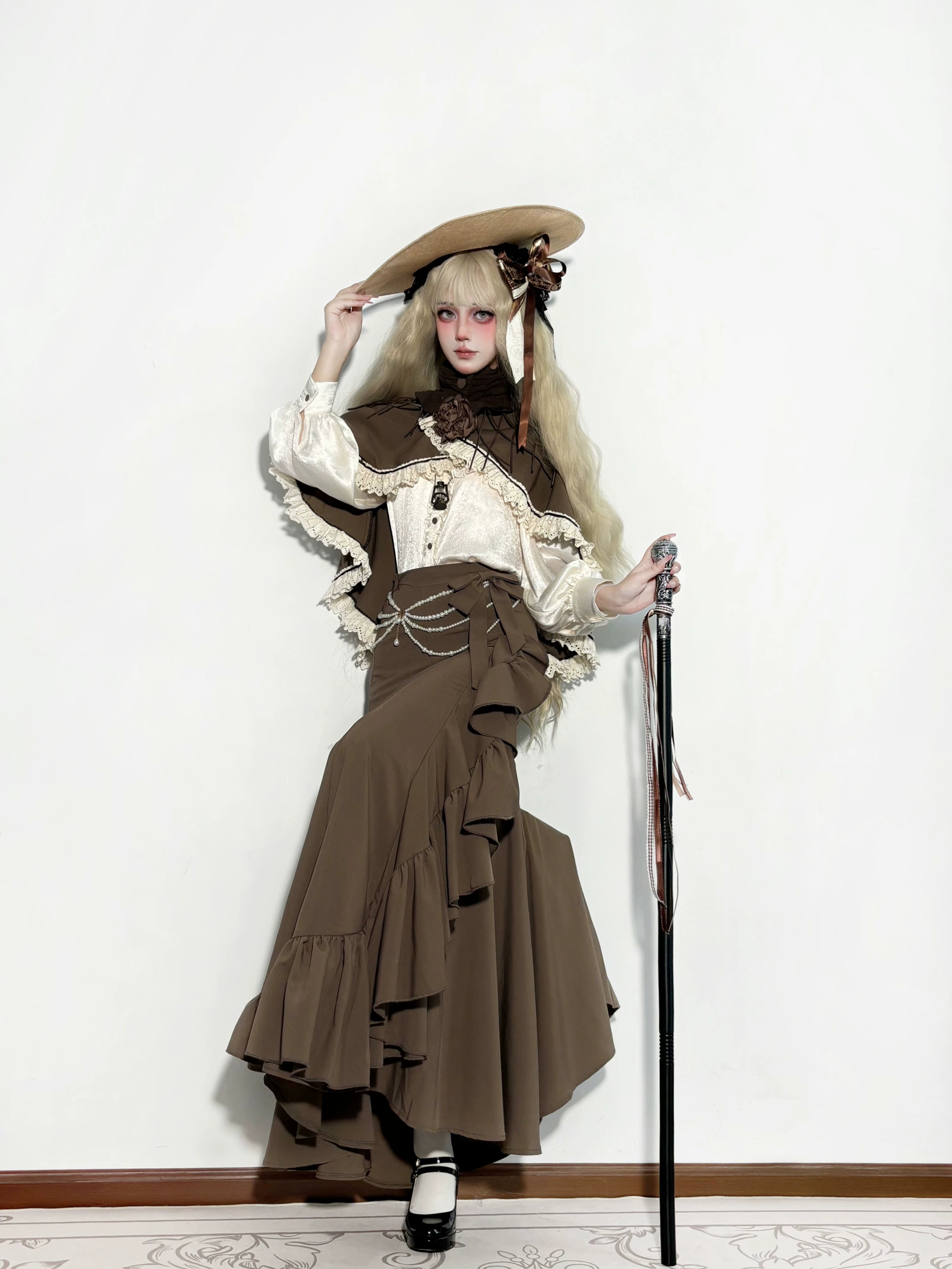 Muyu Handmade Studio - Evening Whispers of London - Brown Classic Lolita OP Dress, Mermaid Skirt Outfit 43993:791983