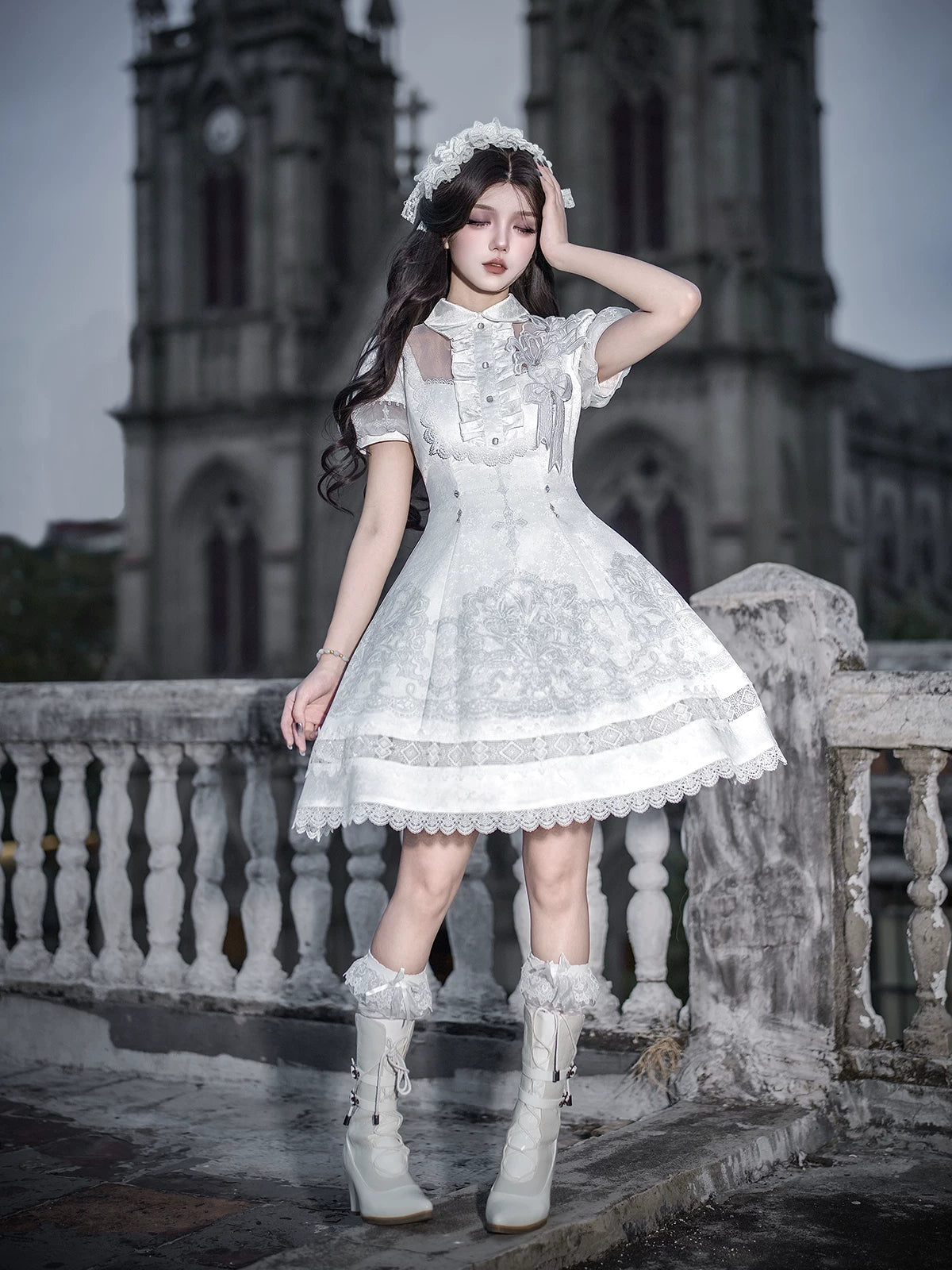 White Classic Lolita Printed OP Dress with Cross