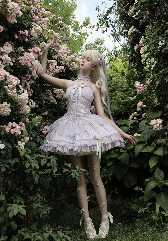 Alice Girl - Cross Maiden - Gothic Lolita Purple JSK Dress With Cross Halterneck & Voile Overlay