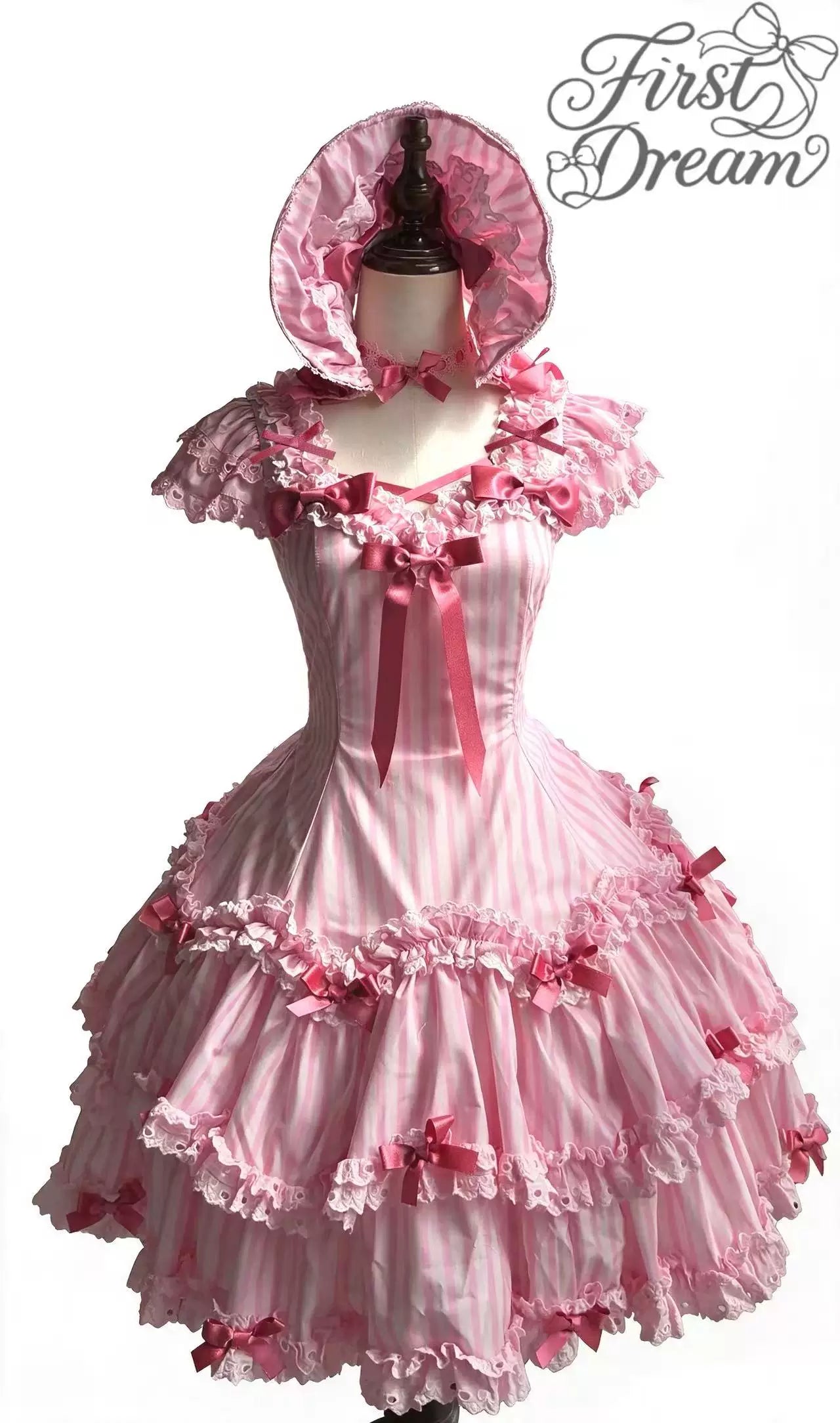 Eternal Girlhood - Six-Panel Old School Lolita Striped JSK & OP, Bow Accents (L M S XL) 45811:863018