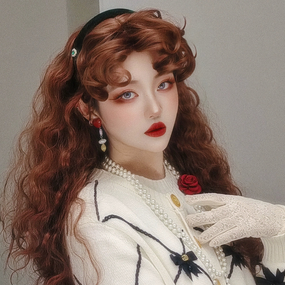 Mabuxi - Sweet Lolita Reddish Brown Wig Retro Fluffy Curly Hair Styling