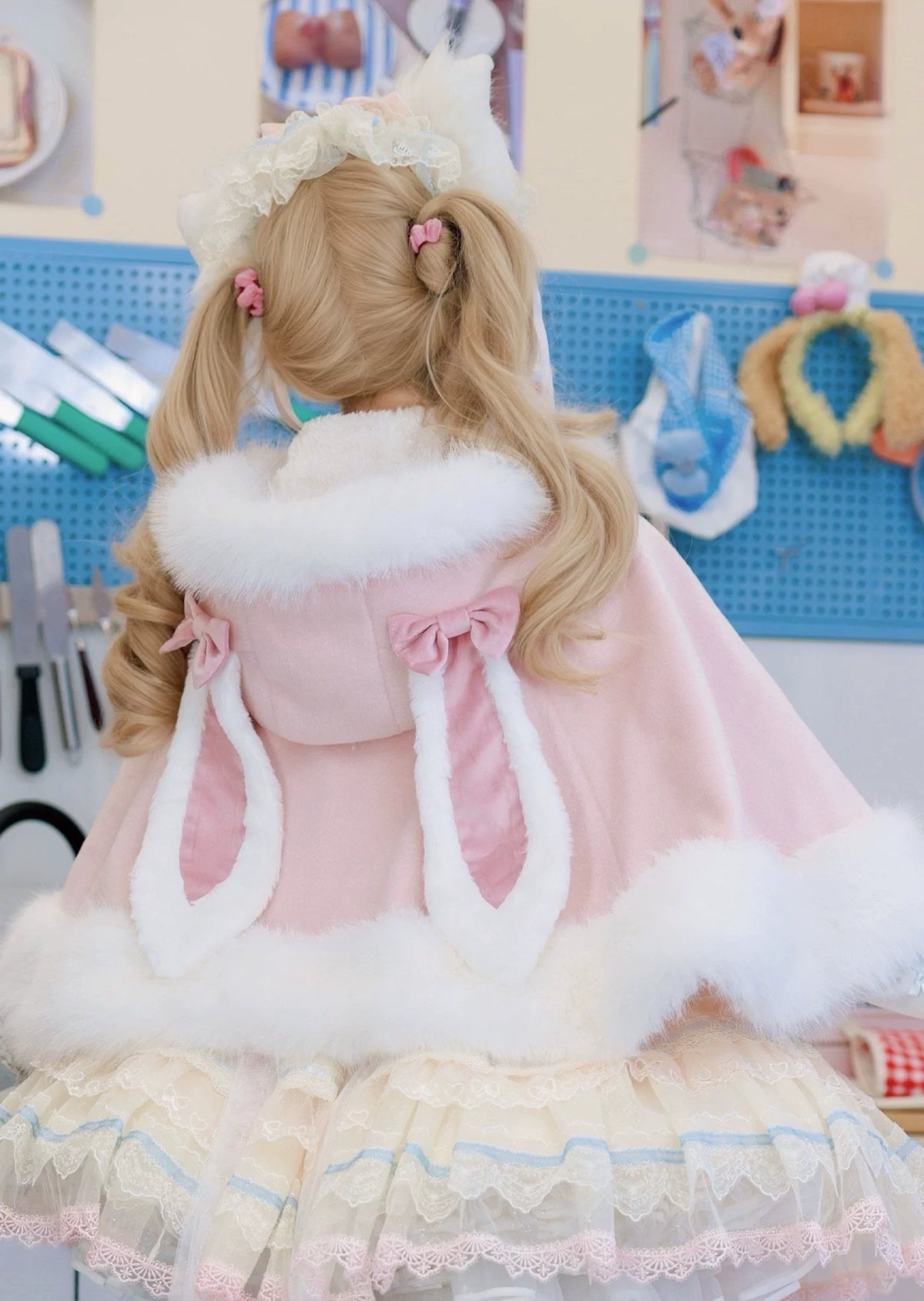 Floppy Bunny Ear -Sweet Lolita Winter Fleece-Lined Cape Coat with Bunny Ears
