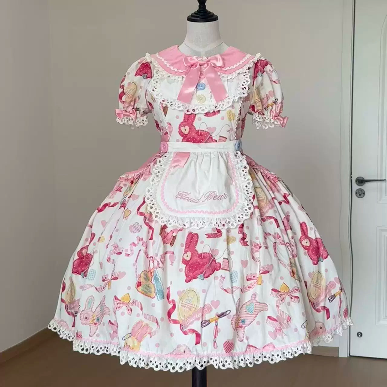 Little Bunny Tag - Sweet Lolita Bunny Printed OP & Salopette, Detachable Apron (2XL L M S XL / Pre-order) 45718:859507
