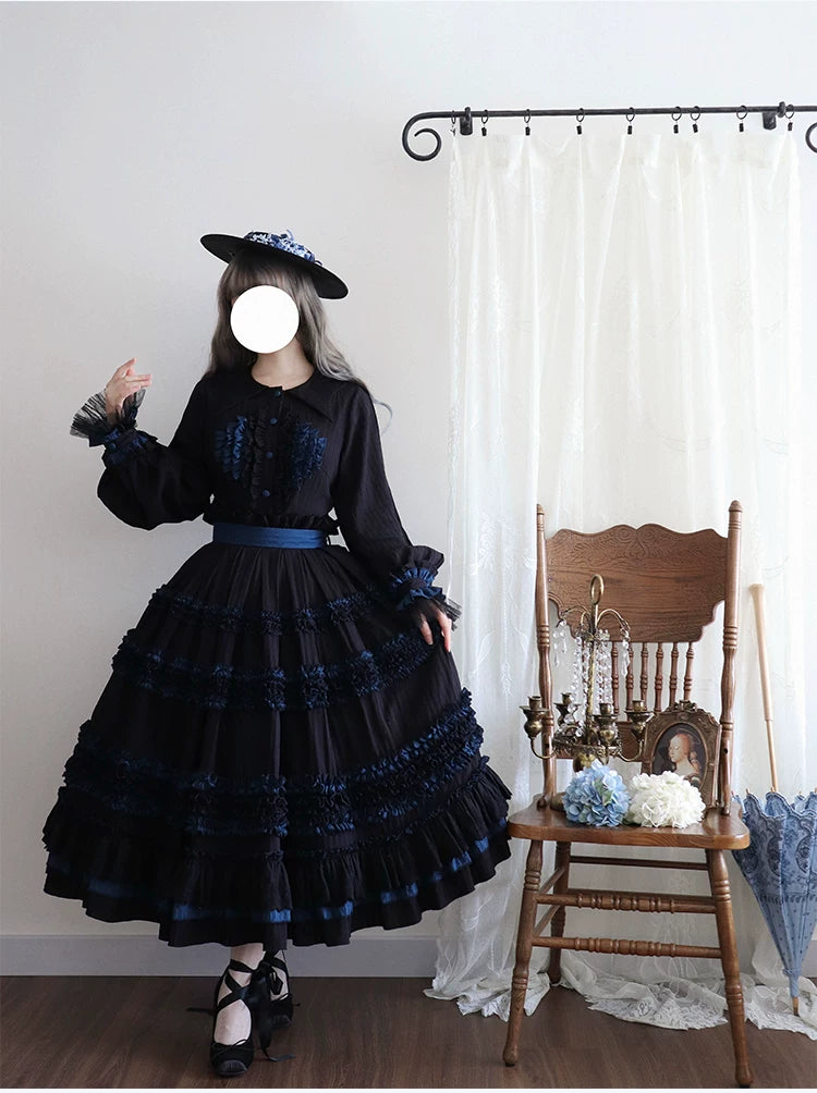 Wings and Bouquet - Dark Classic Lolita Blouse and SK Set, Layered Blue Ruffles 45680:858310
