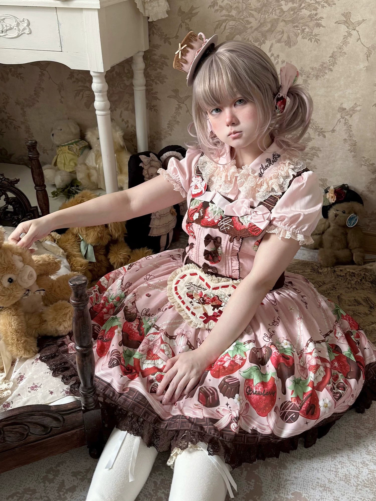 Strawberry Chocolate Lovers - Kawaii Lolita Embroidered Printed Dress 44882:840996