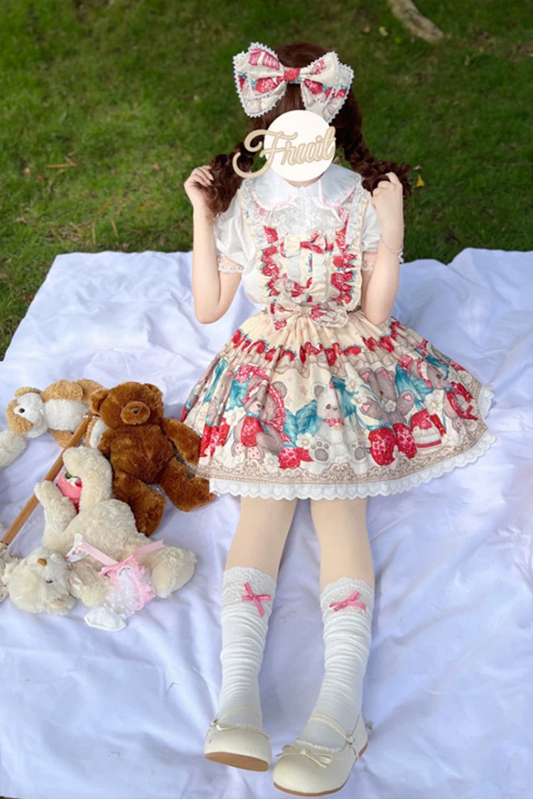 Bearberry Pastry Chef - Kawaii Lolita Salopette Dress, Bear & Strawberry Print Apricot S