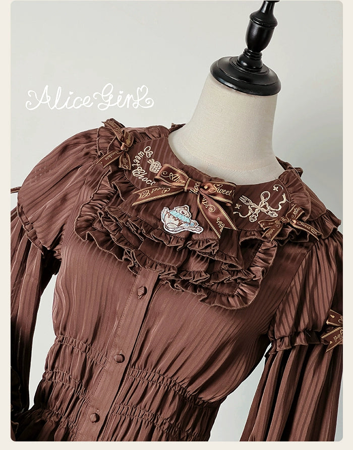 Alice Girl - Bear Chocolate Bar - Kawaii Lolita Blouse, Long Sleeve 43852:787140