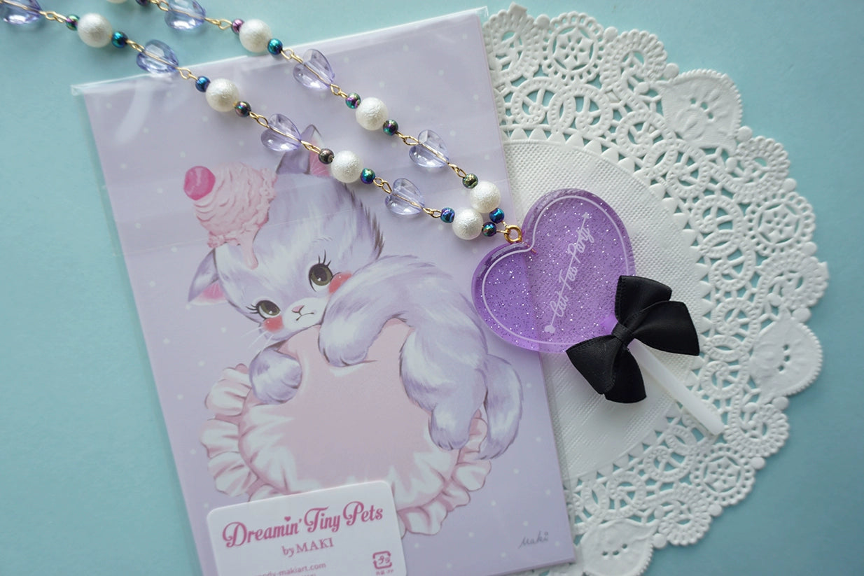 Cat Tea Party - Sweet Lolita Necklace Heart-Shaped Lollipop Necklace Purple lollipop with black bow