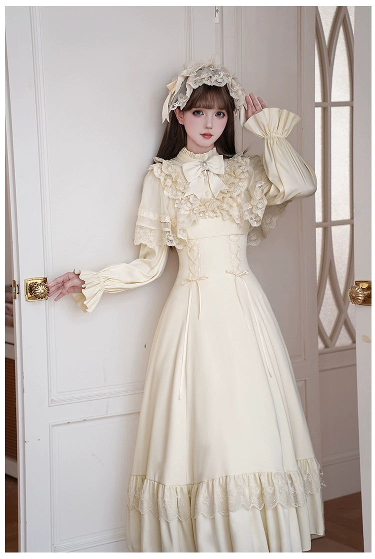 With PUJI - White Daylight - Elegant Lolita Long Sleeve OP Dress, Side Zipper 44042:793830