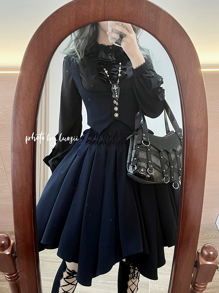 Sentaro~Pleated Irregular Knit Floral Slim Fit Vest and Half Skirt Set 37628:574900