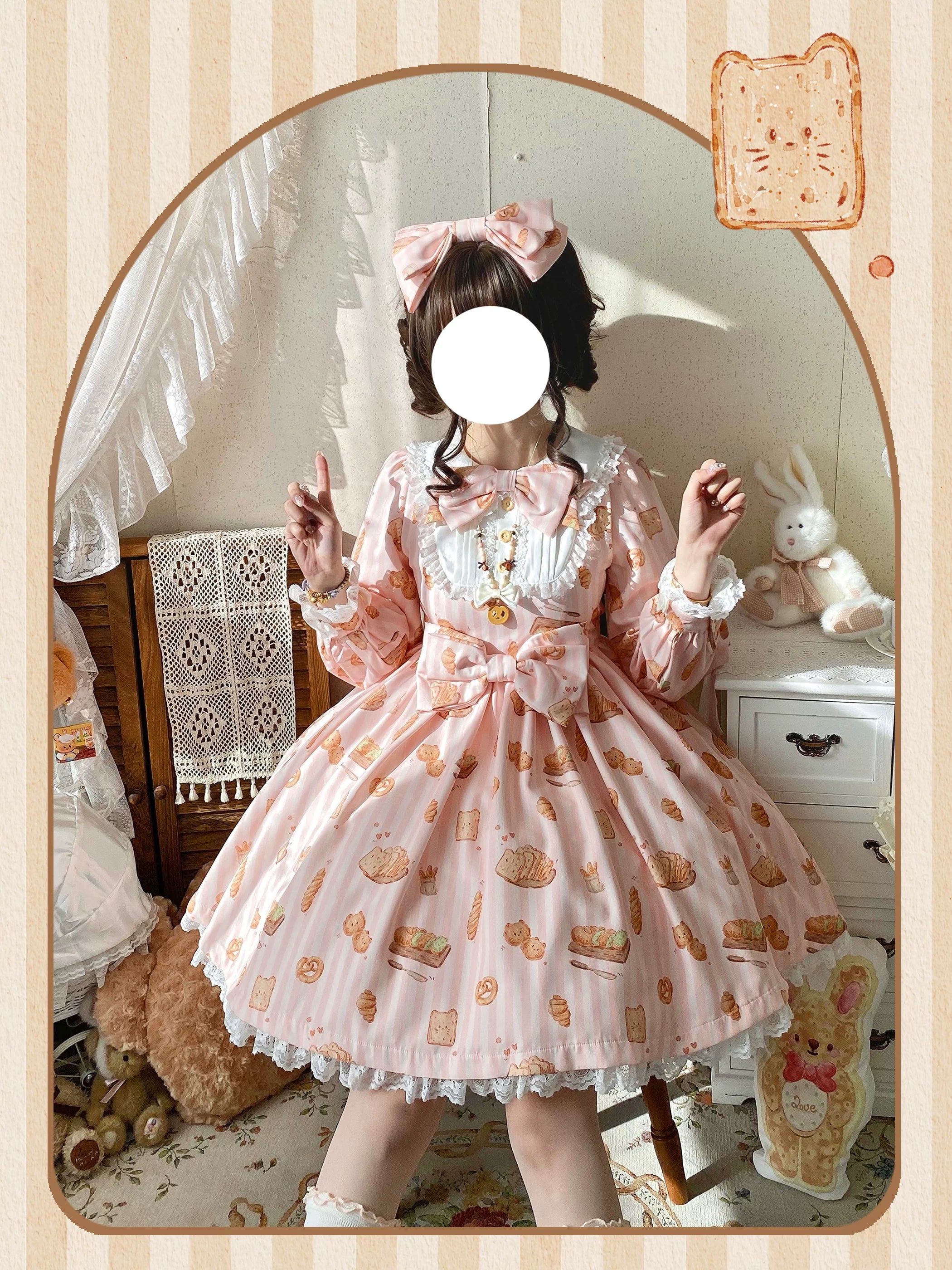 Kitten Bread - Sweet Lolita OP Dress, Cat & Bread Print