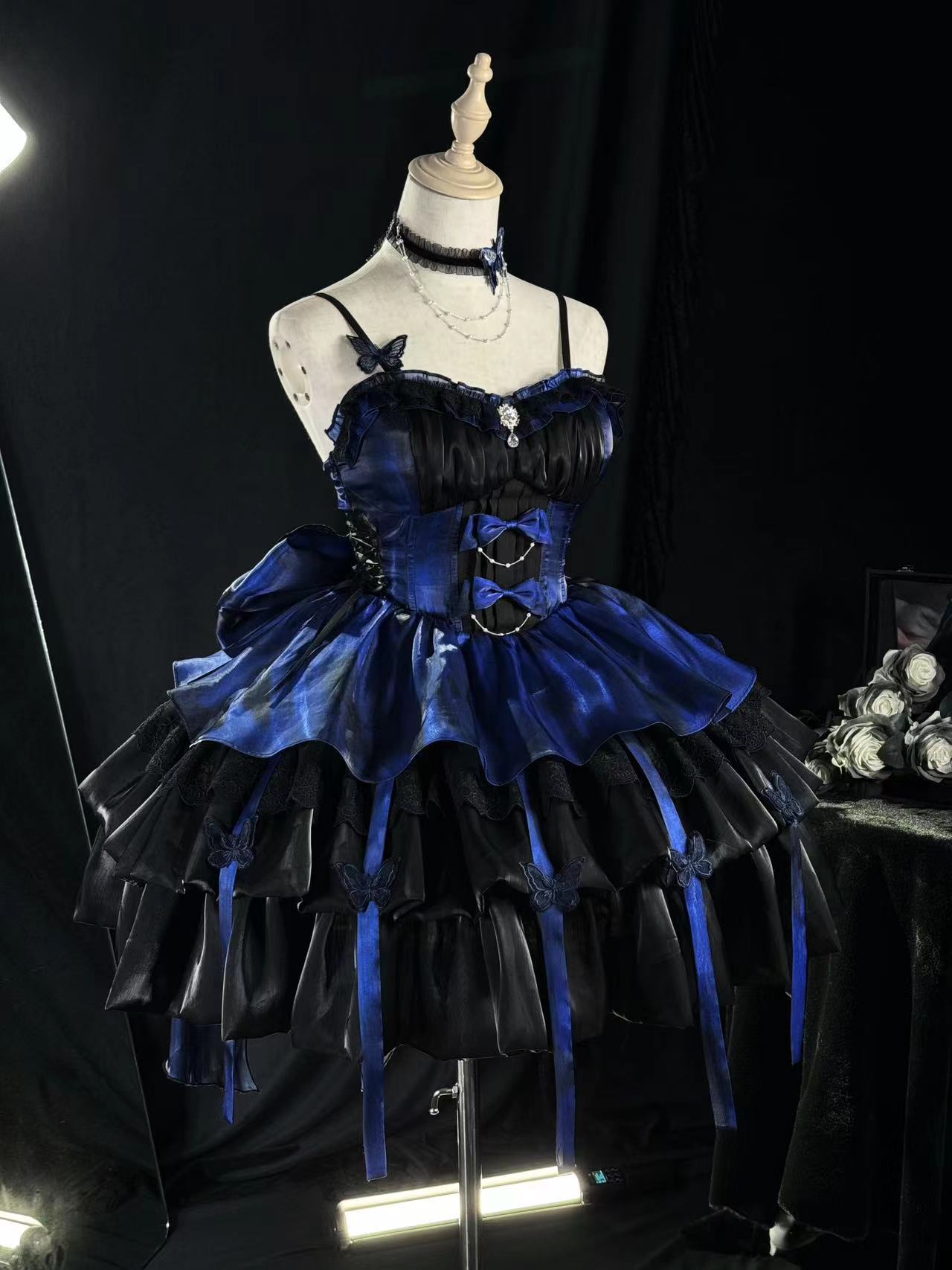 Platycodon House - Love Goddess - Elegant Lolita Dress Halter Puff Princess JSK Dress XS black and blue dress - strap style (without trailing veil)