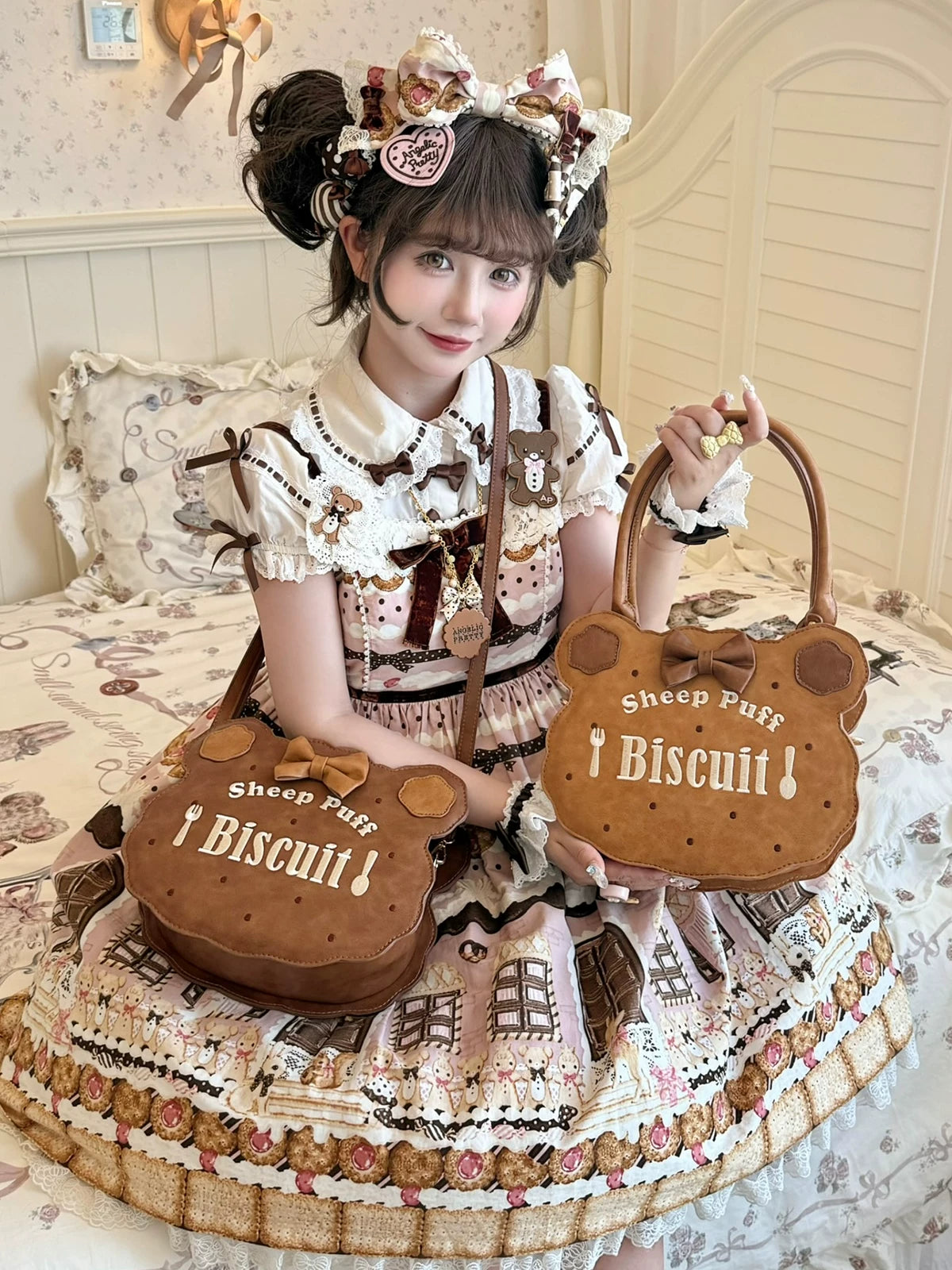 Bear Cookies - Kawaii Lolita Bag, Embroidery & Bow