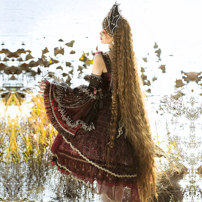 YingLuoFu - Black Red Retro Palace Elgant Classical Lolita JSK