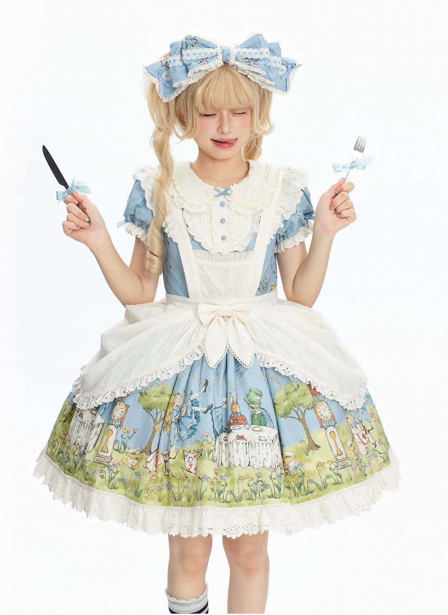 Alice - Sweet Lolita Cotton Lining Dress, Bunny & Clock Print
