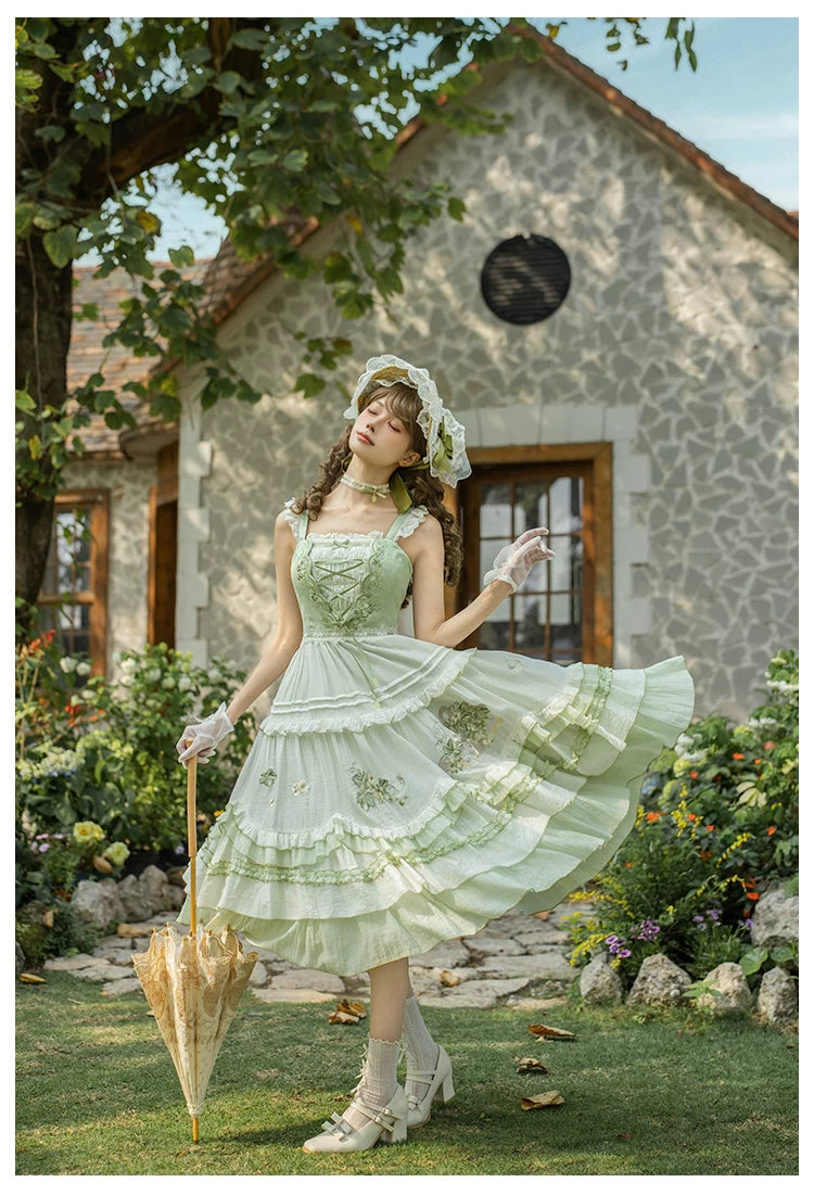 Green Grape - Embroidered Country Lolita OP Dress, Tiered JSK