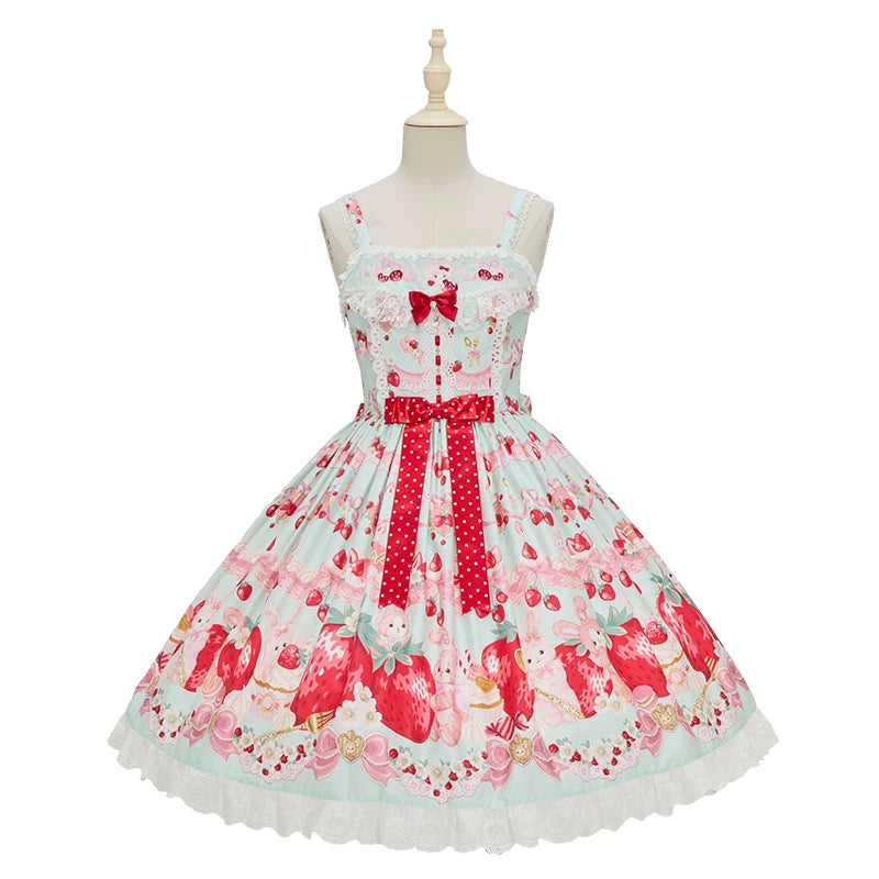 Strawberry Momo Party - Sweet Lolita OP and JSK, Strawberry Print and Cake Embroidery (L M S XL XS) 45548:853158
