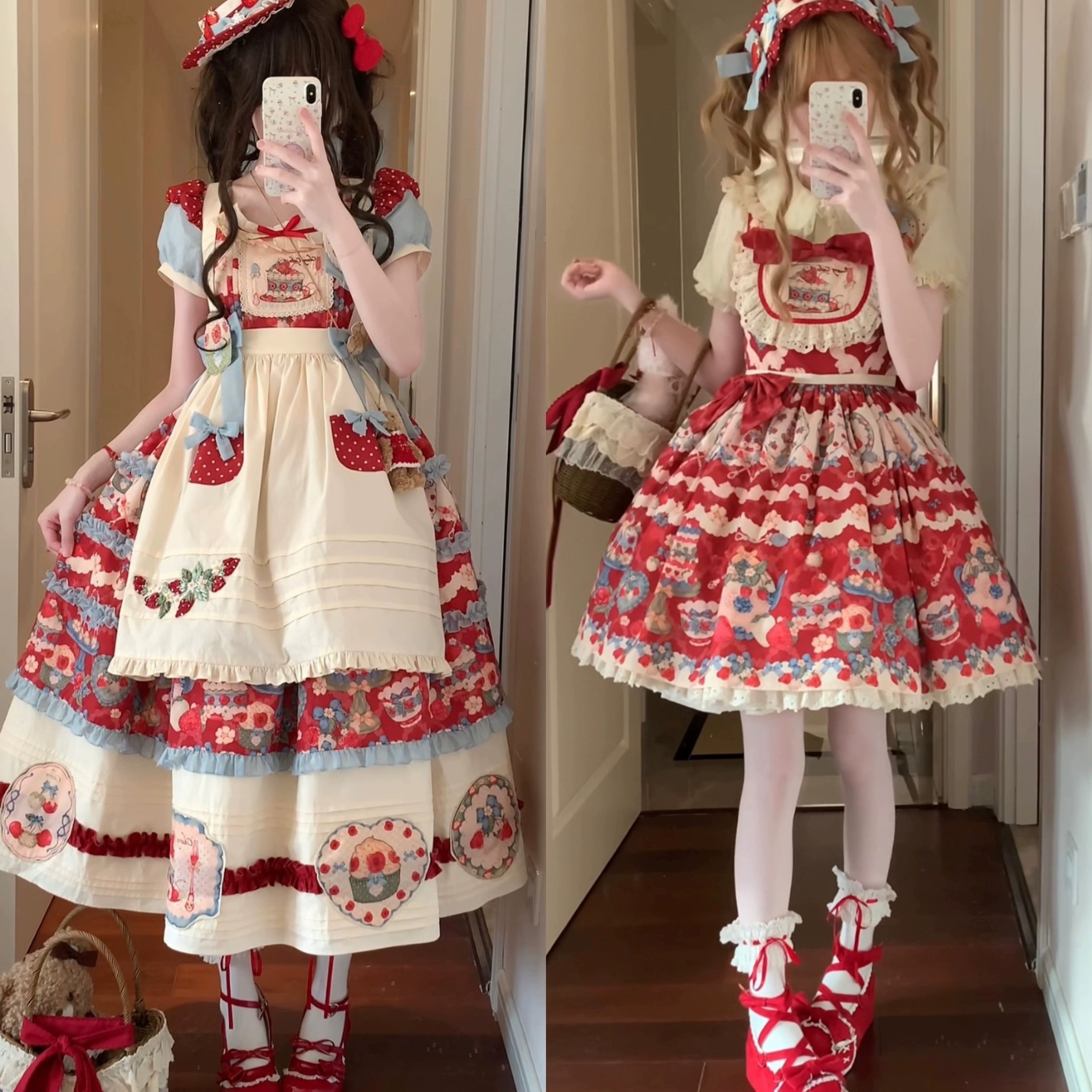 Rose Whispers - Strawberry Tata - Sweet Lolita Dress Suit With Strawberry Cake Print