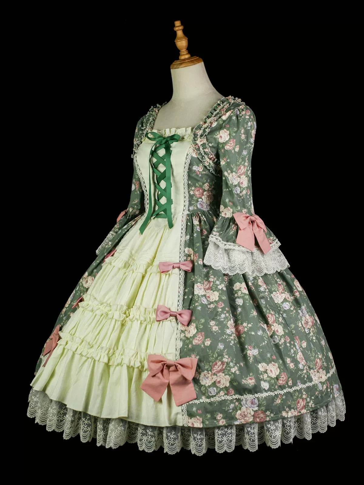 Classic Lolita Rococo Floral Print OP Dress, Lace Hime Sleeve 45668:857626