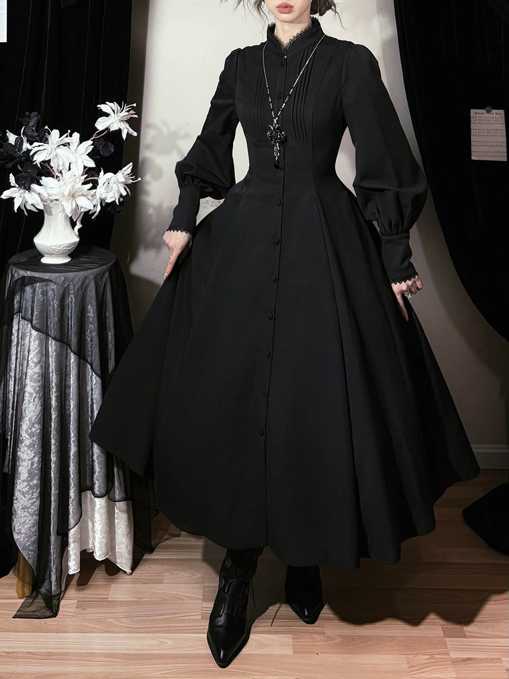 Astrea - Black Classic Lolita Long OP Dress, Side Pockets