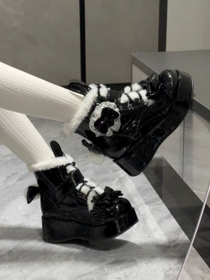 Bunny Tail - Fuzzy Kawaii Lolita Snow Boots, Detachable Plush Bow 44447:808605
