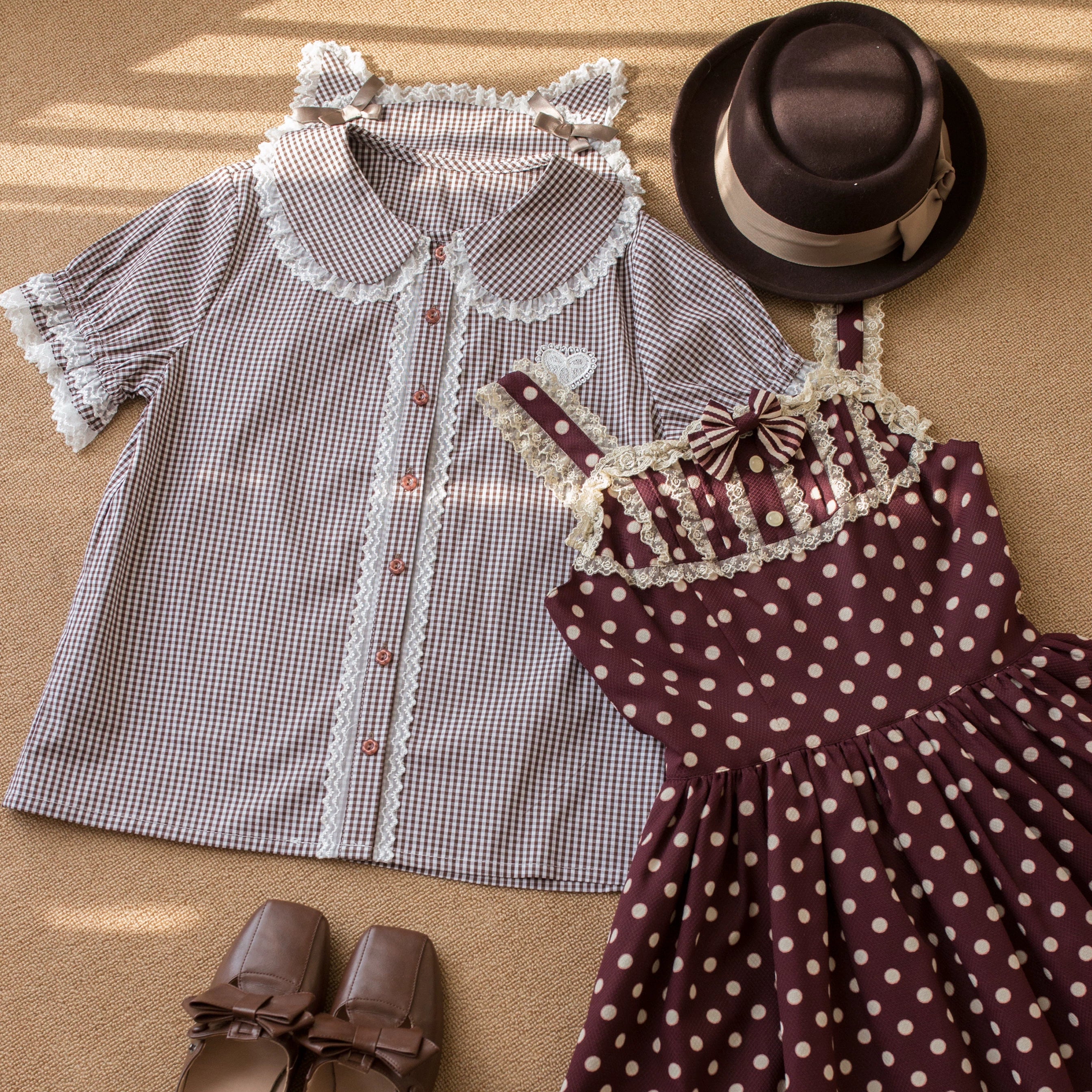 Kawaii Lolita Plaid Blouse With Cat Ear Peter Pan Collar Brown Blouse Only S