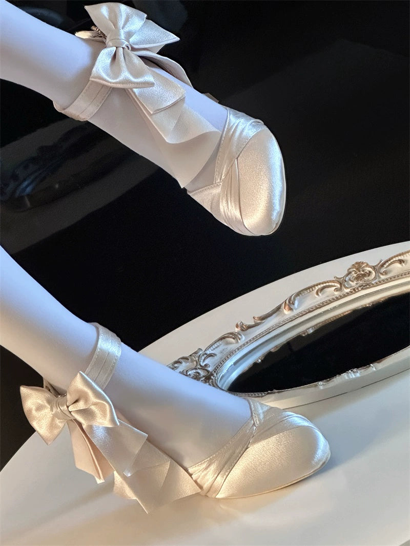 MR.Qiutian~Coronation~Elegant Lolita Shoes Satin Heels With Rose Buckle & Bow Clip 43252:772771