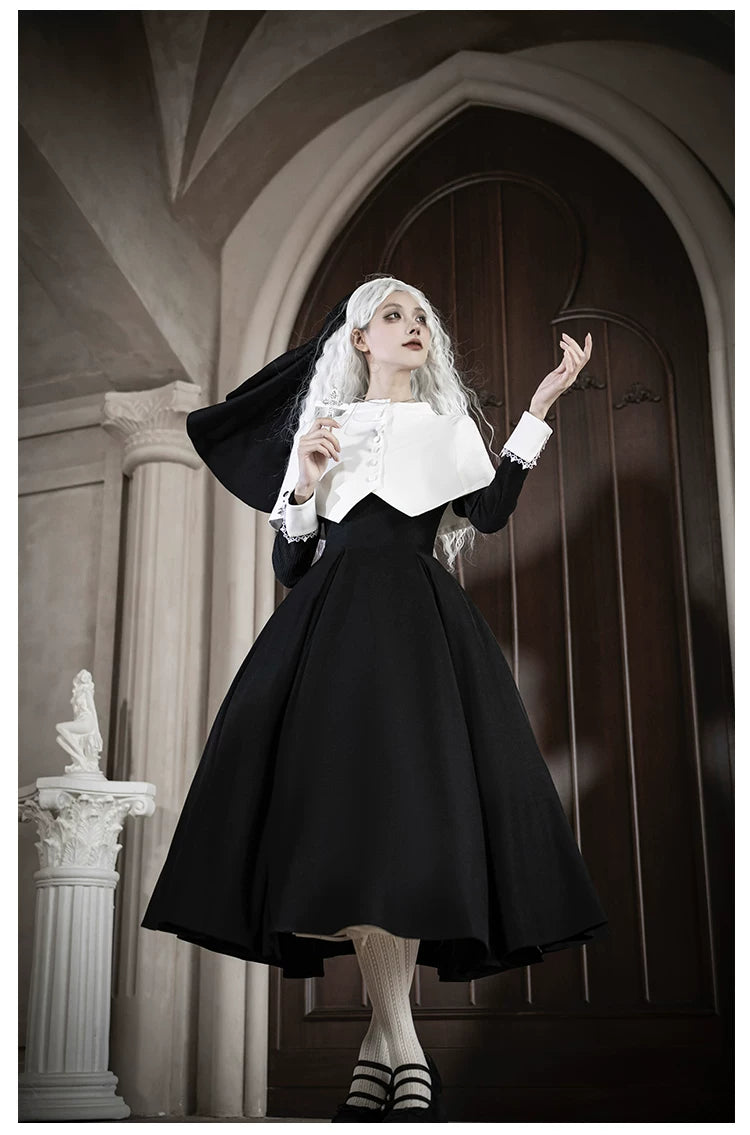 Nihil - Gothic Nun Lolita OP Dress, Irregular Hem Cape 44717:819704