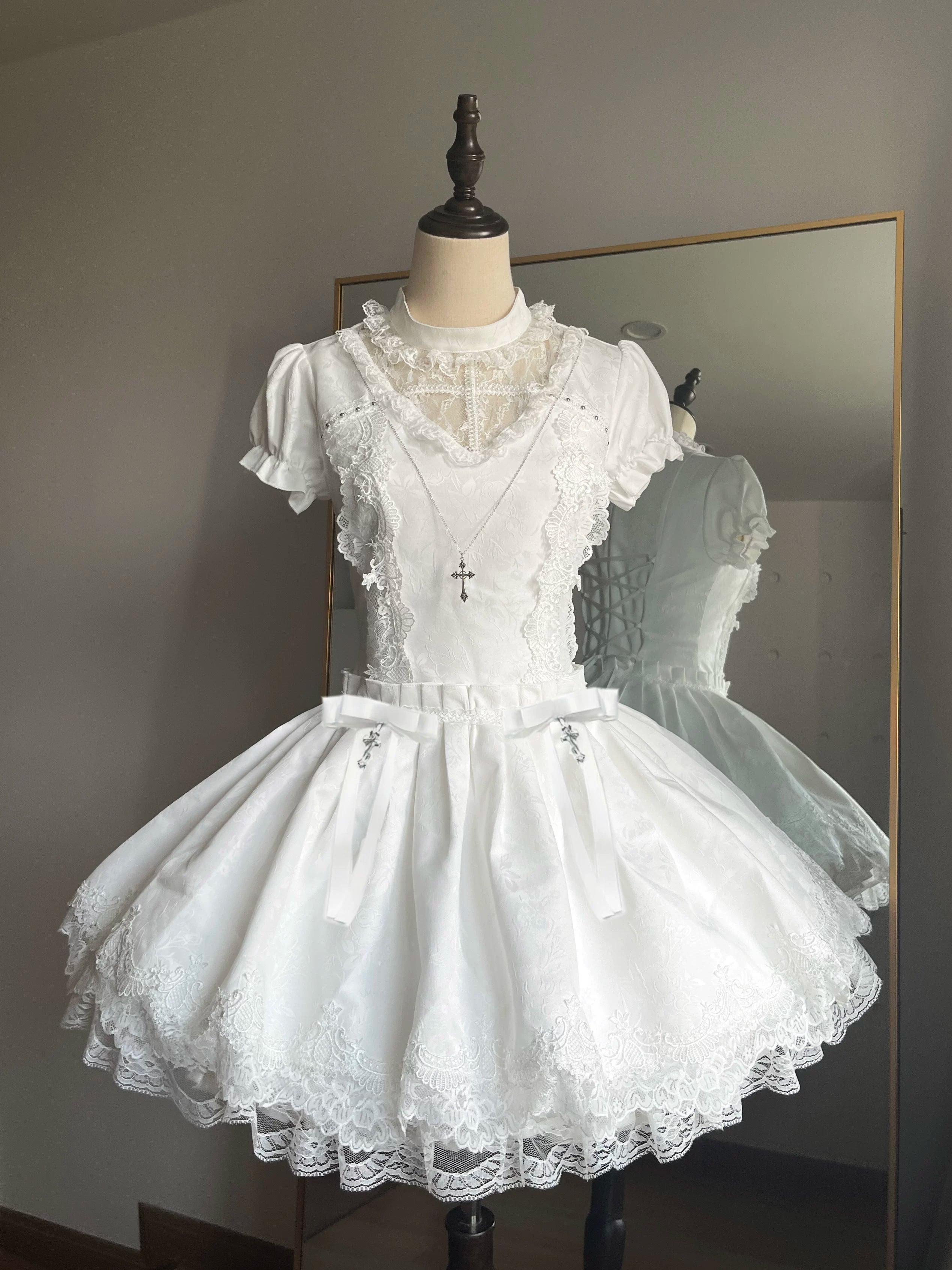 Cross Order - Gothic Lolita OP Dress, Lace Hem & Cross White OP Only XS