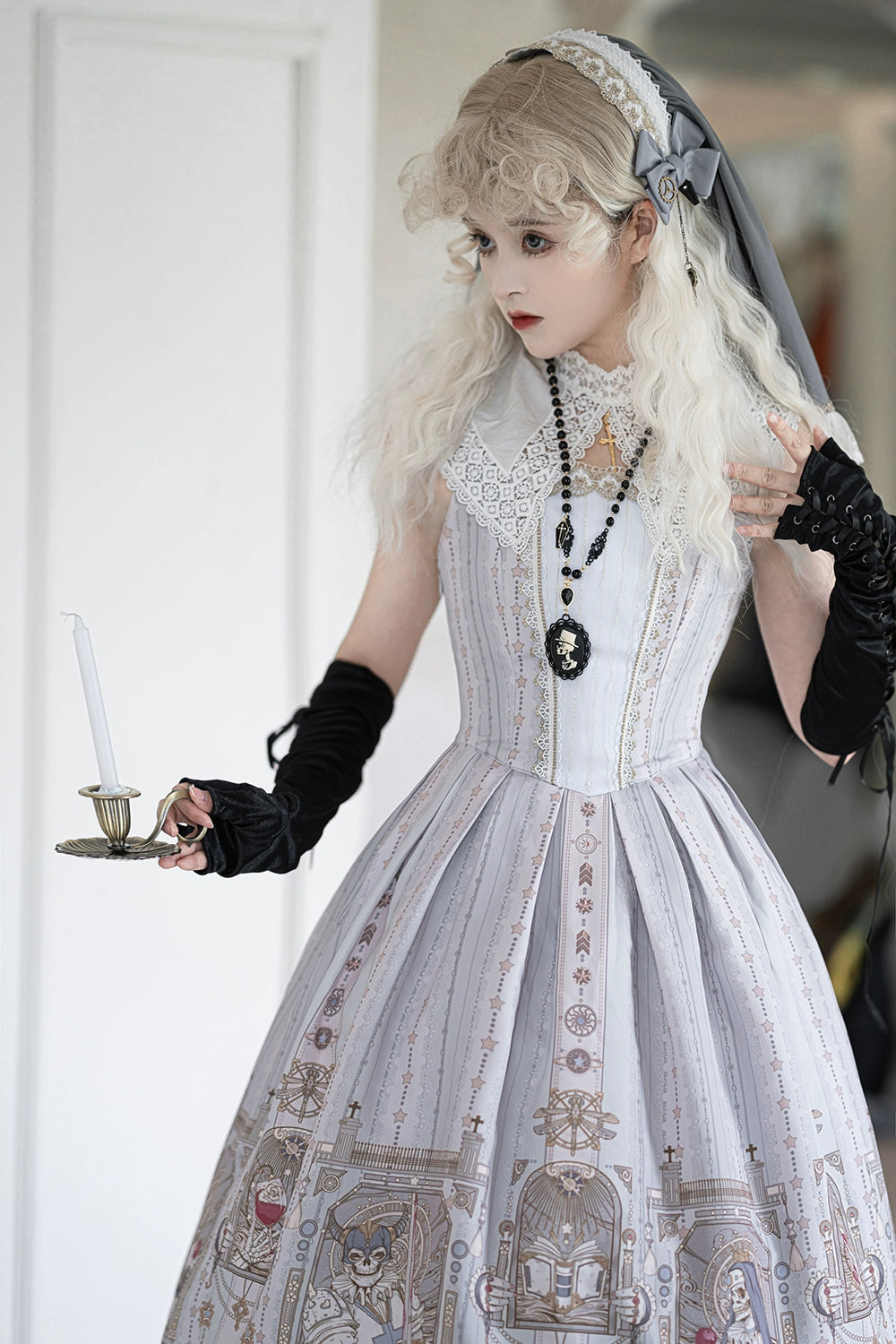 Miss Point - Demon Hunter's Diary - Lolita Accessories Hat KC Necklace Brooch Waistband Black satin long gloves