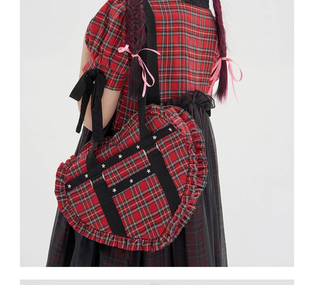 Soso Meme Club - Vintage Lolita Heart Shaped Plaid Dot Print JK Uniform Bag