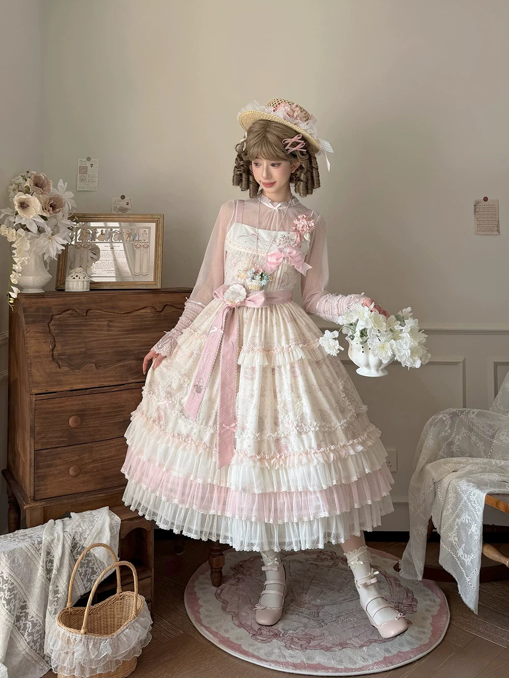 Bloom Lamb - Classic Lolita Embroidered JSK Dress, Tiered Hem 45519:851315