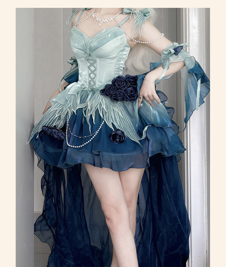 Meowing and fruity - Swan Fantasy - Fairy Lolita Short JSK Ballet-Style Jumper Dress Deep Sea Blue - Single JSK Only S