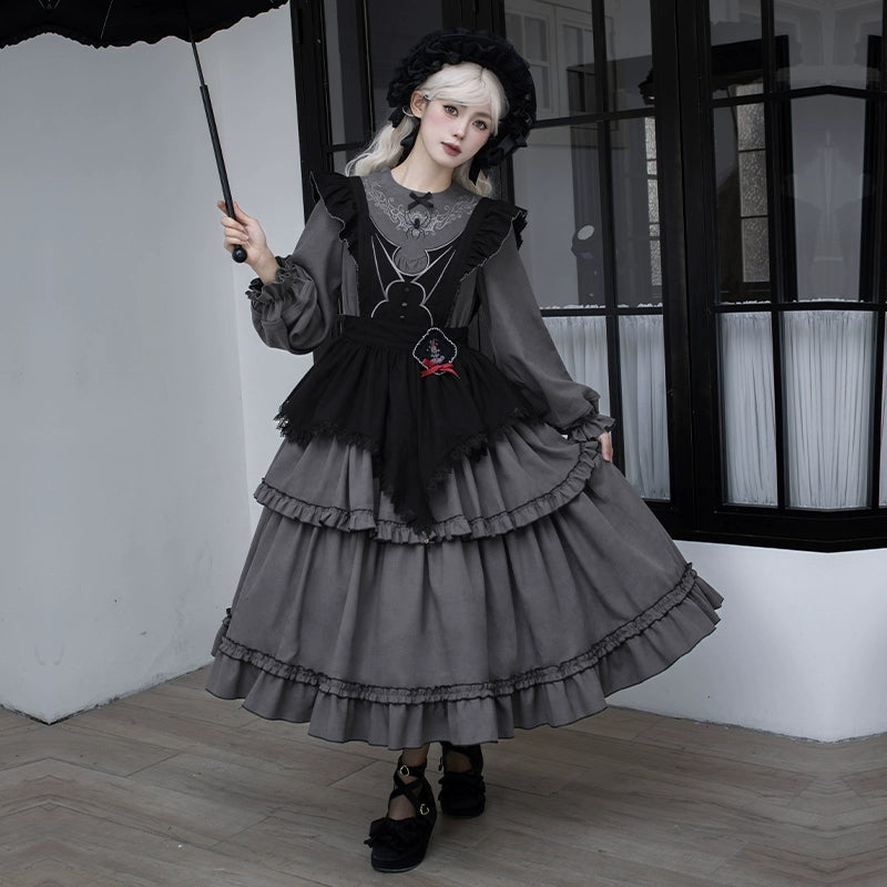 With PUJI - Castle Night - Gothic Twins Lolita OP Three-tiered Embroidery Dress