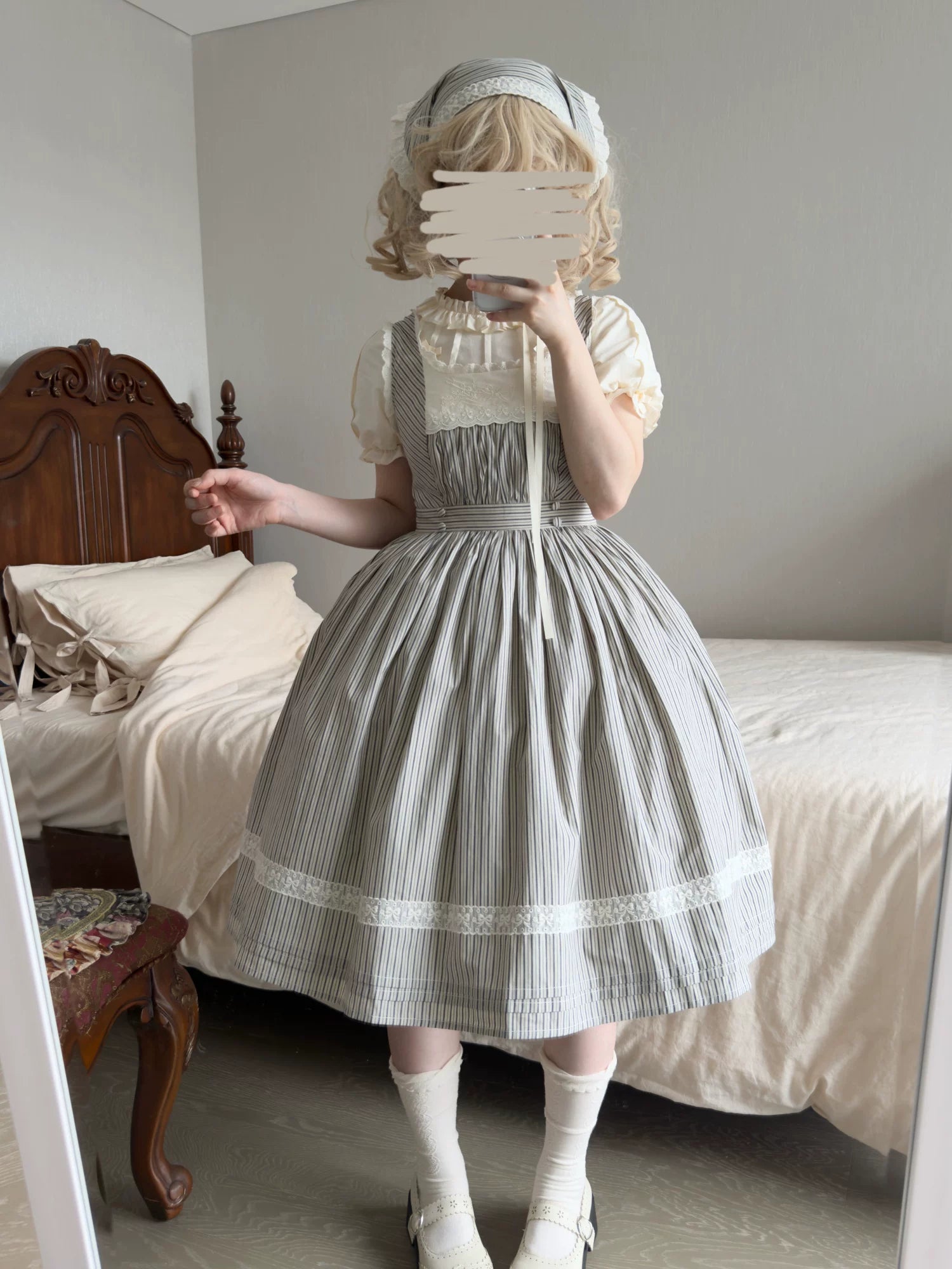 Stripe Minuet - Classic Lolita Striped JSK Dress, Embroidered Neckline 45317:844803