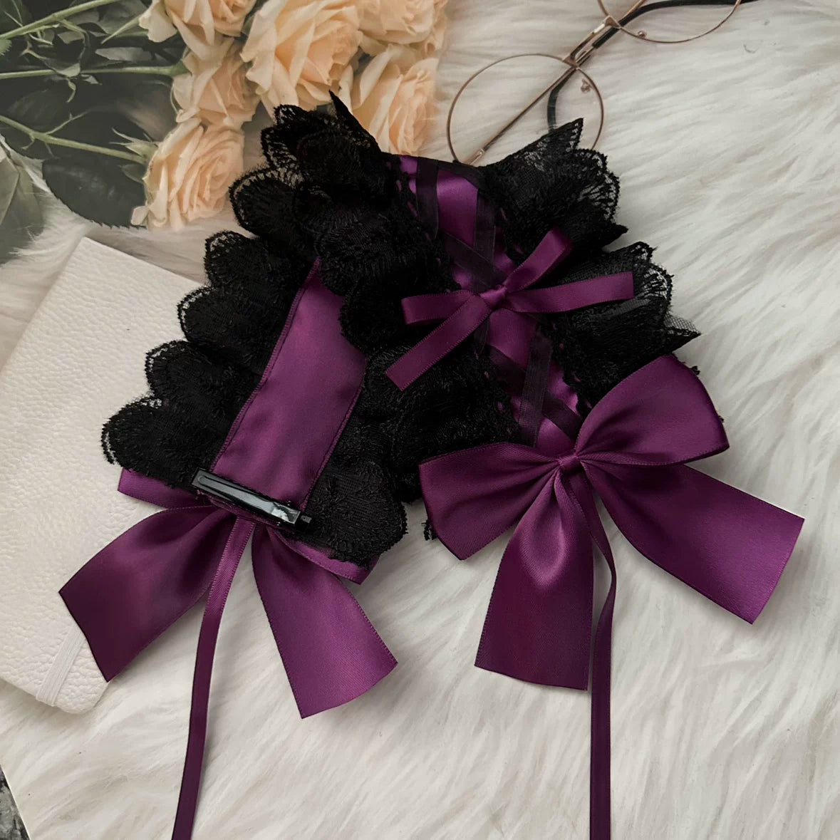 Sweet Lolita Lace Headbands, Ribbon & Bow Black lace with deep purple bow headband