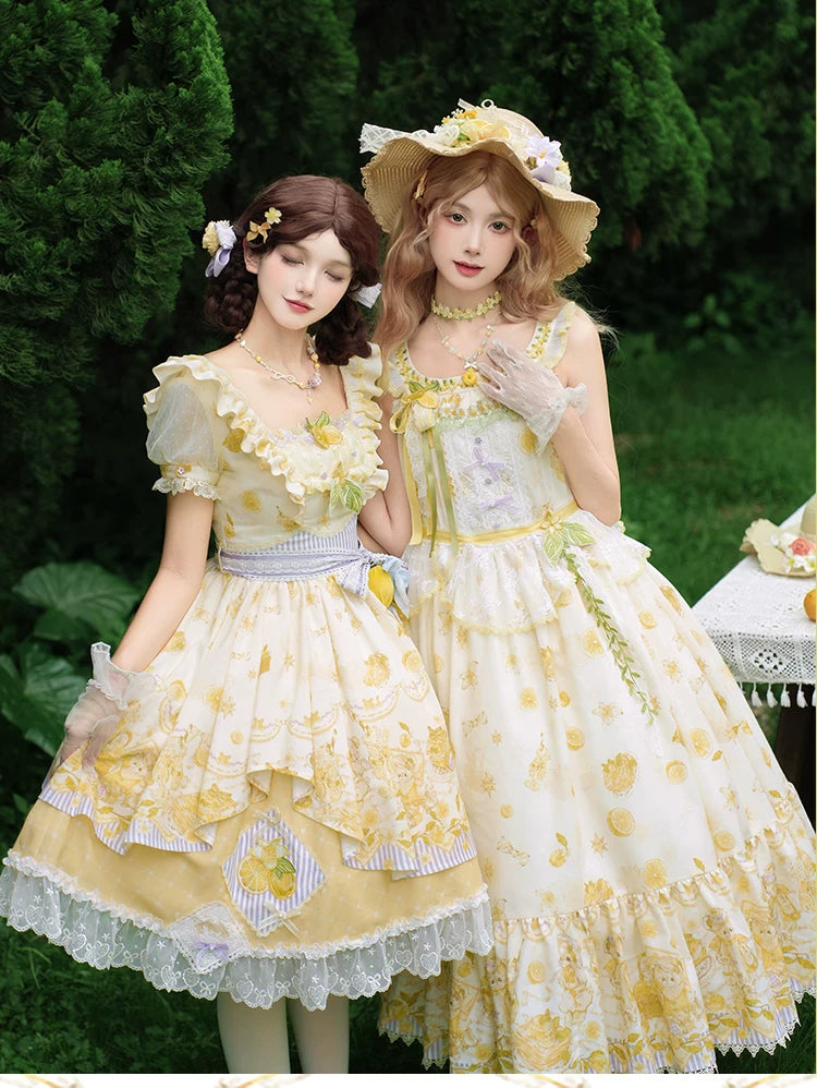 Lemon Drop - Classic Lolita Lemon & Bear Printed OP Dress 45501:851103