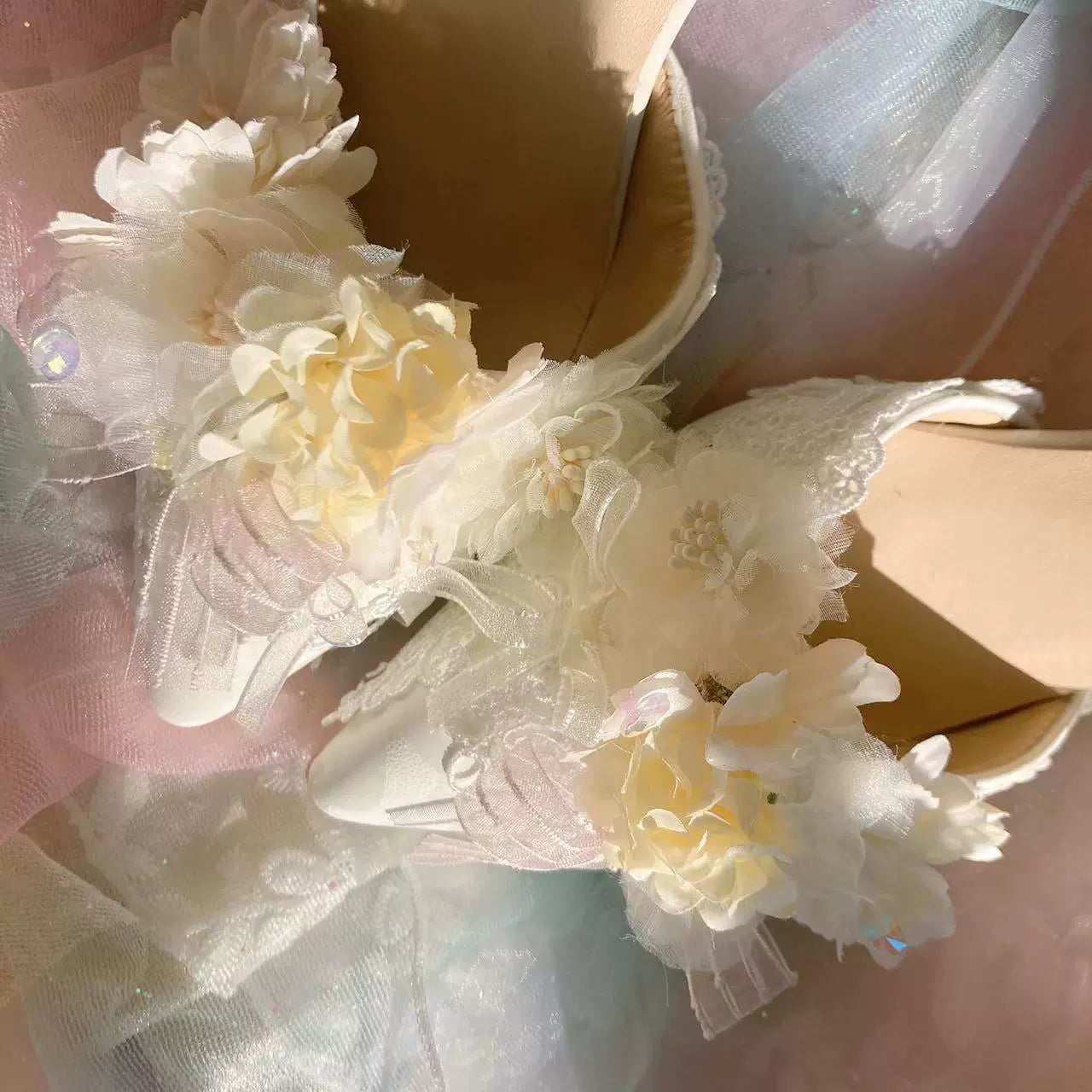 Sky Rabbit - Hanami Season - Wedding Lolita Heel Shoes with Floral Decoration Light yellow 34