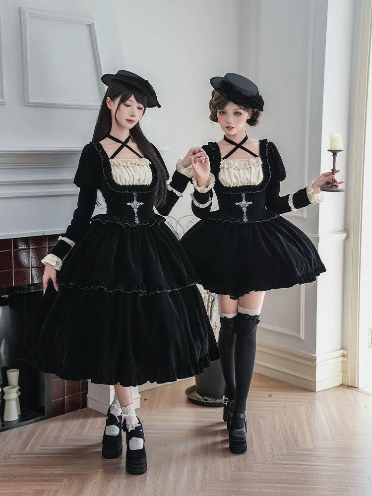 Gothic Lolita Velvet OP Dress Set, Fishbone Waist